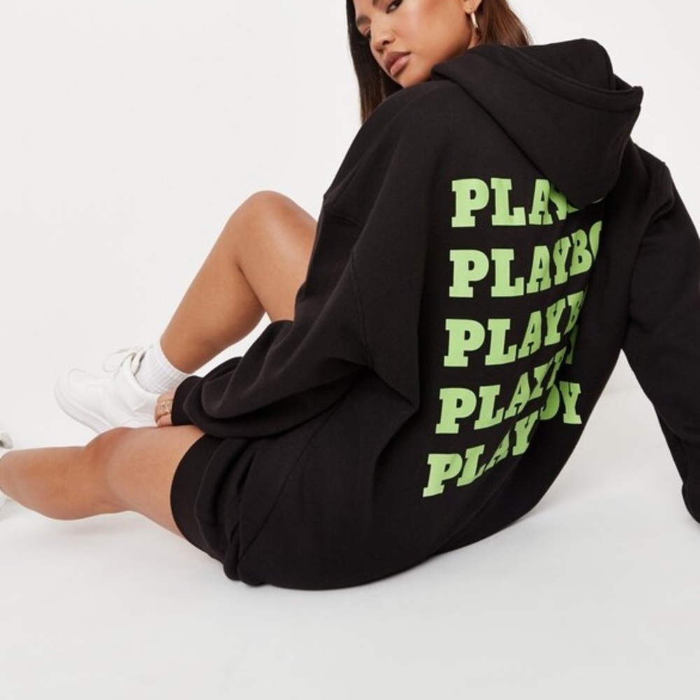 Black Misguided Oversized Playboy Hoodie with Neon Green Design NWT
